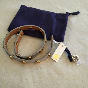 COPY - Tory Burch Leather Double Wrap Bracelet-Silver Leather with Gold Tory Lo…